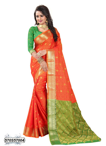 Orange,Green Poly Silk Sarees