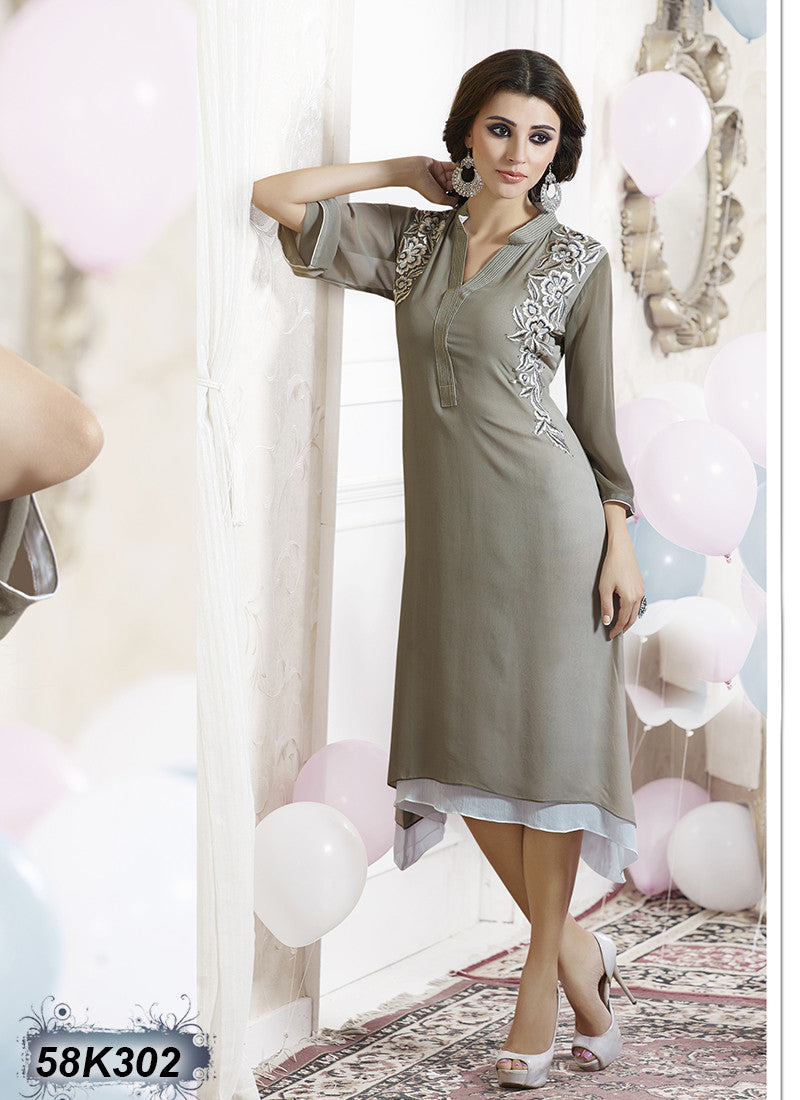 New Gray Stitched Design Embroidery Stone Pure Cotton Kurtis