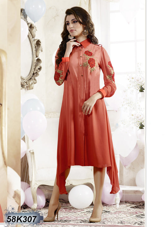 New Orange Stitched Design Embroidery Santoon Kurtis