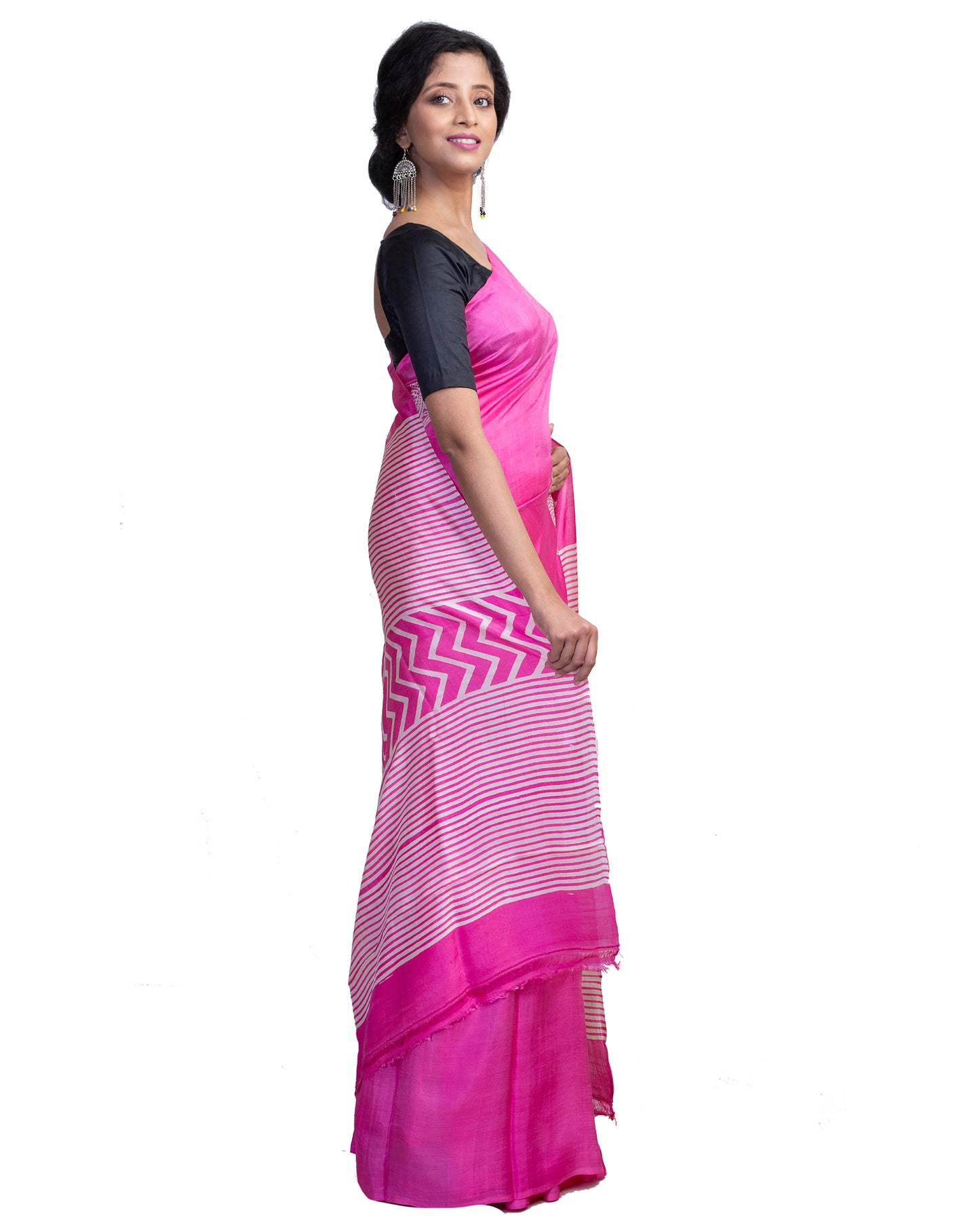 Pink Block Printed Pure Silk Mark Certified Bishnupuri Silk Sarees