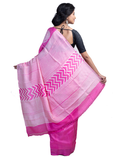 Pink Block Printed Pure Silk Mark Certified Bishnupuri Silk Sarees