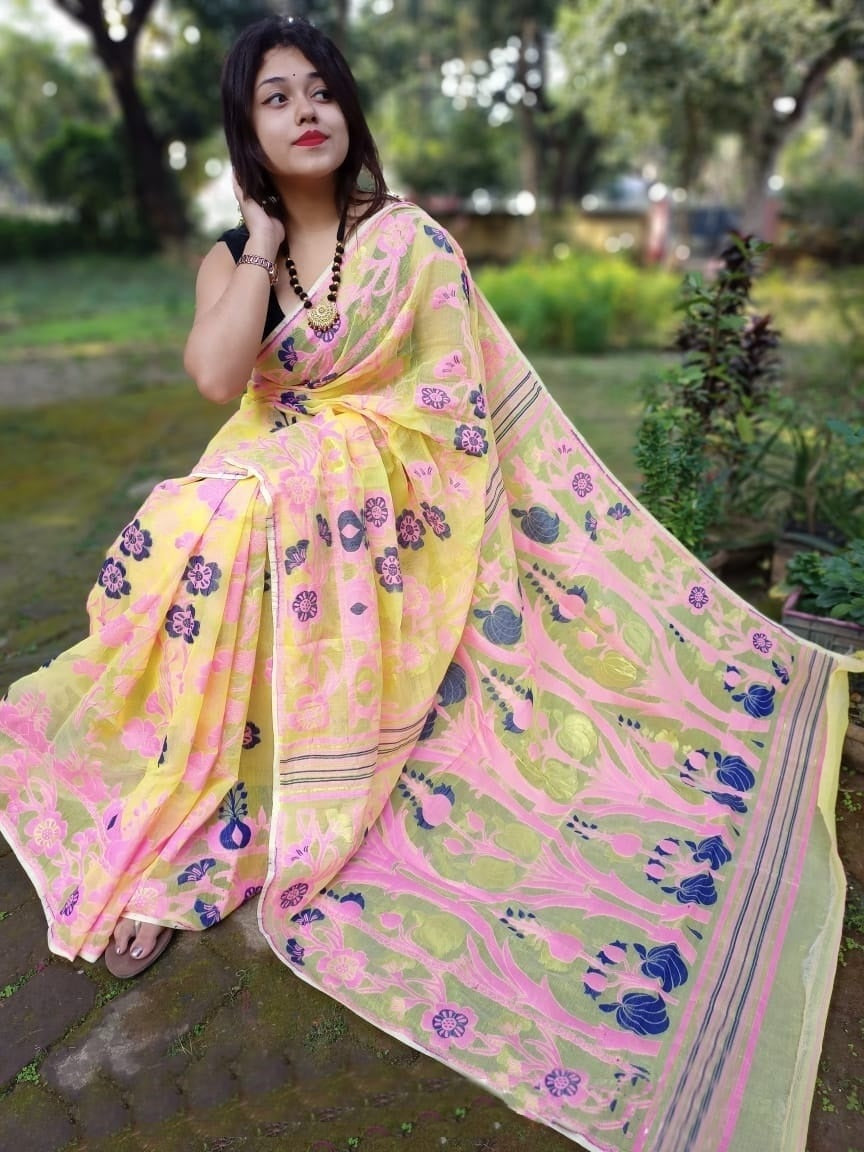 Light Yellow soft Dhakai Jamdani Sarees