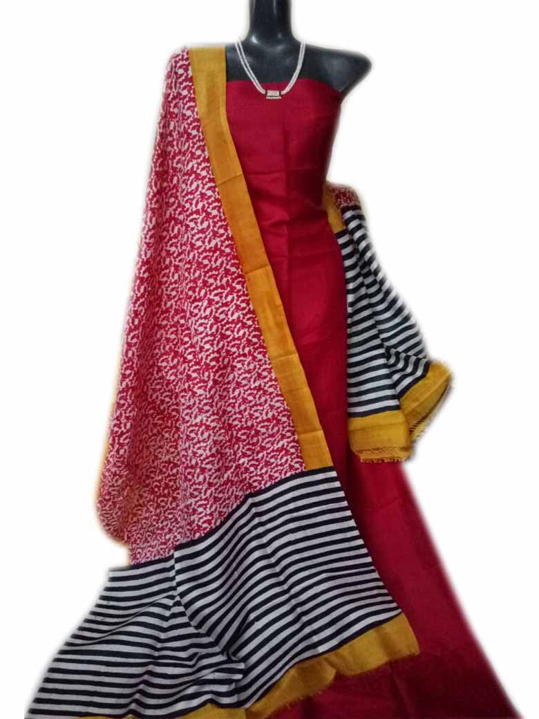 Handpicked Red Block Printed Design Pure Silk Top & Dupatta