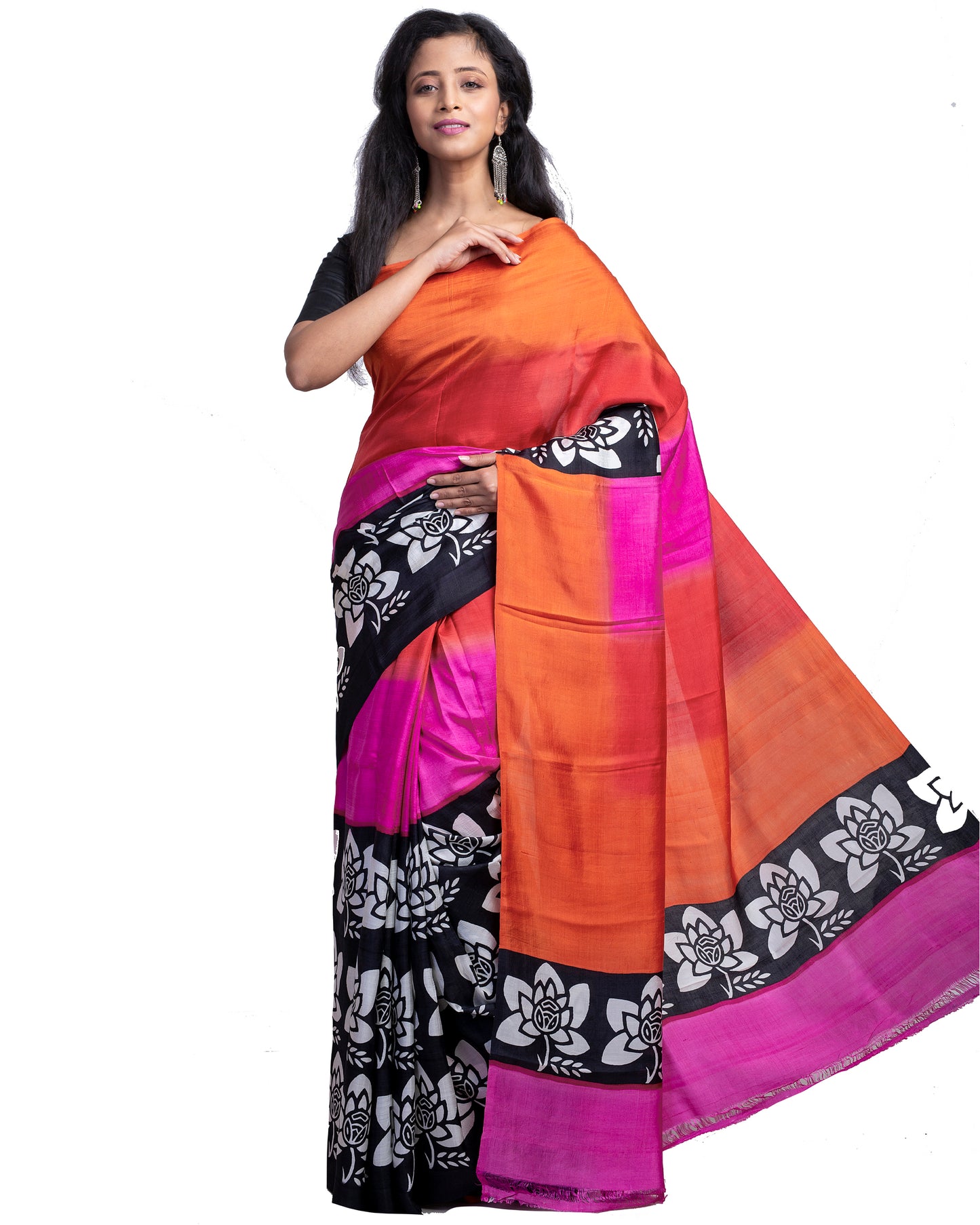 Mix Dye Block Printed Pure Silk Mark Certified Bishnupuri Silk Sarees