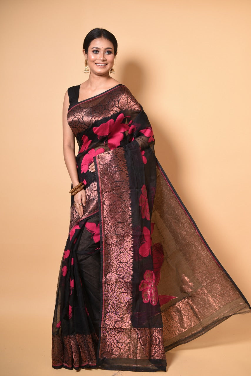 Black & Pink Butterfly Handloom Jamdani Saree