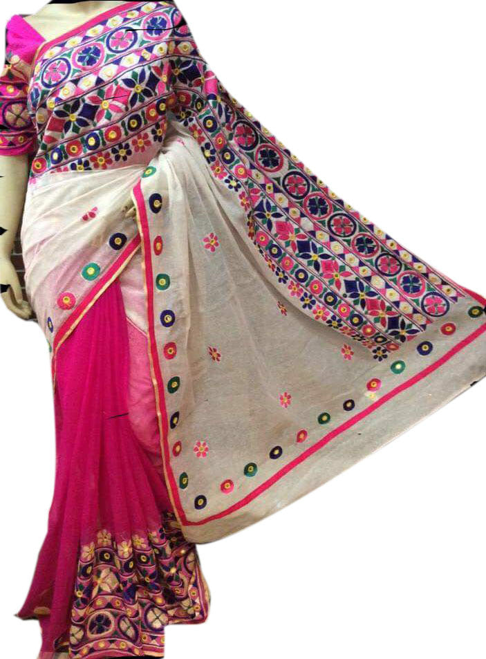 Purple & White Design Bangladeshi Pure Cotton Kathiawari Sarees