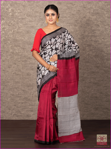 Red Block Printed Silk Mark Certified Bishnupuri Silk Sarees