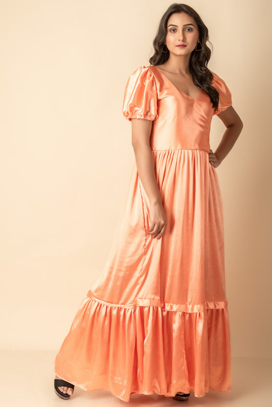 Peach Satin Maxi Indo Western wear dress