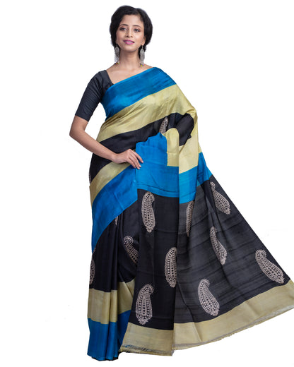 Black Blue Block Printed Pure Silk Mark Certified Bishnupuri Silk Sarees