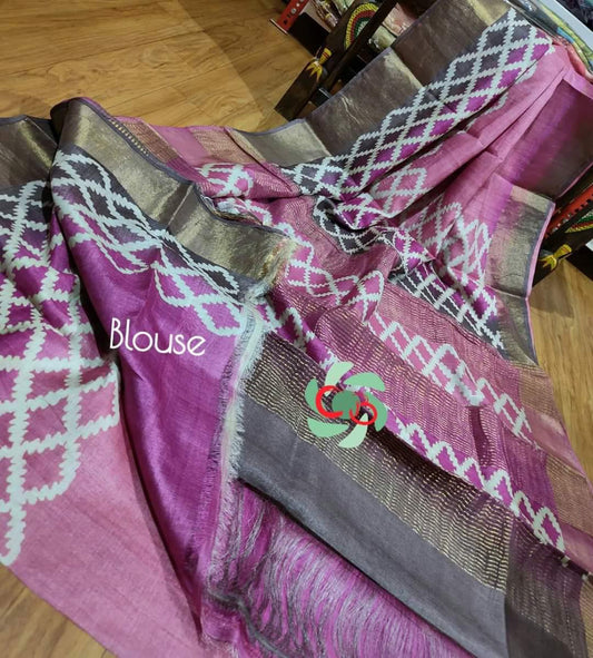 Pink Delight Block Printed Zari Border Pure Silk Mark Certified Tussar Silk Sarees - Dailybuyys