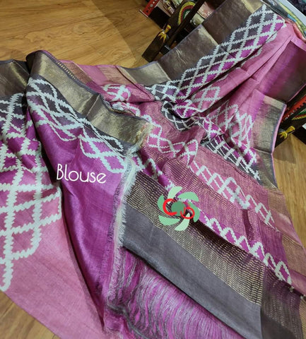 Pink Delight Block Printed Zari Border Pure Silk Mark Certified Tussar Silk Sarees