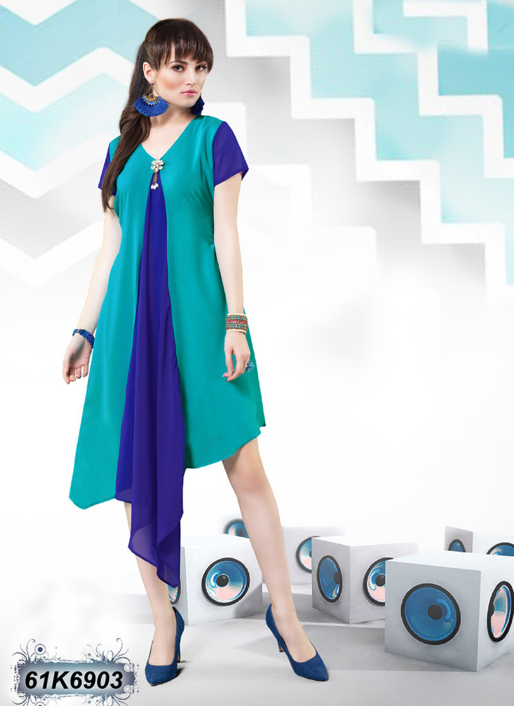 New Blue Green Georgette Crepe Stitched Kurtis Get Extra 10% Discount on All Prepaid Transaction