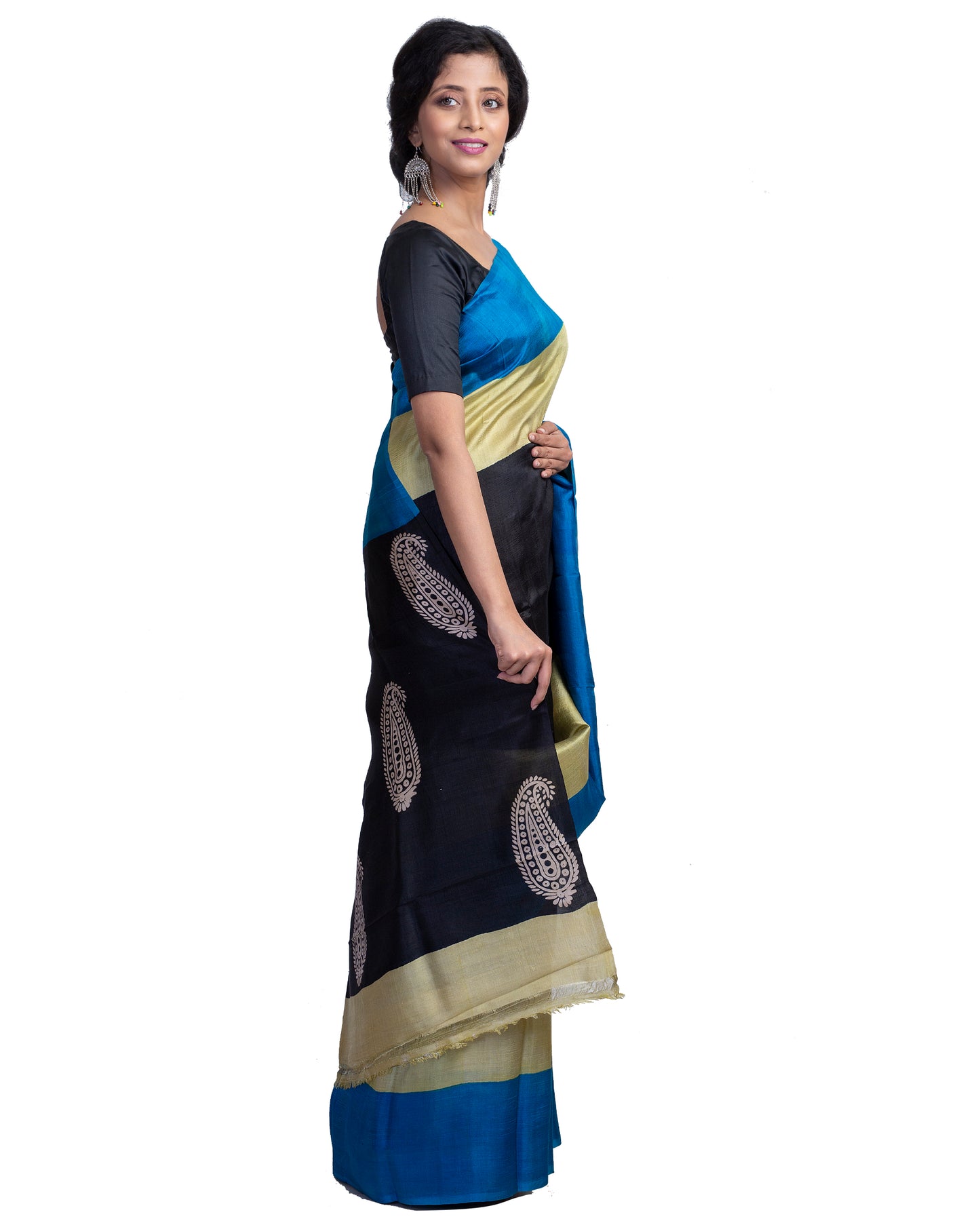 Black Blue Block Printed Pure Silk Mark Certified Bishnupuri Silk Sarees