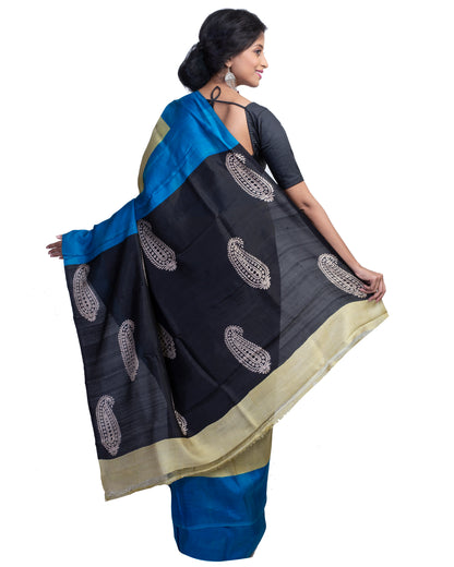 Black Blue Block Printed Pure Silk Mark Certified Bishnupuri Silk Sarees