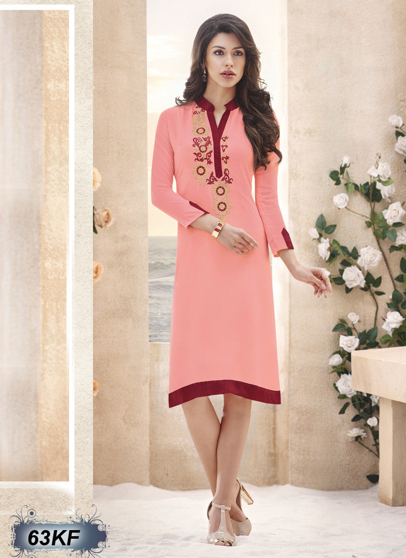 Peach Design Stitched Embroidery Kurtis