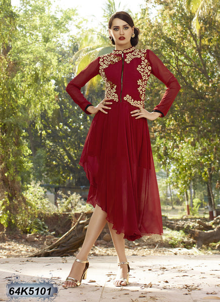 Red Stitched Embroidery Patch Work Kurtis