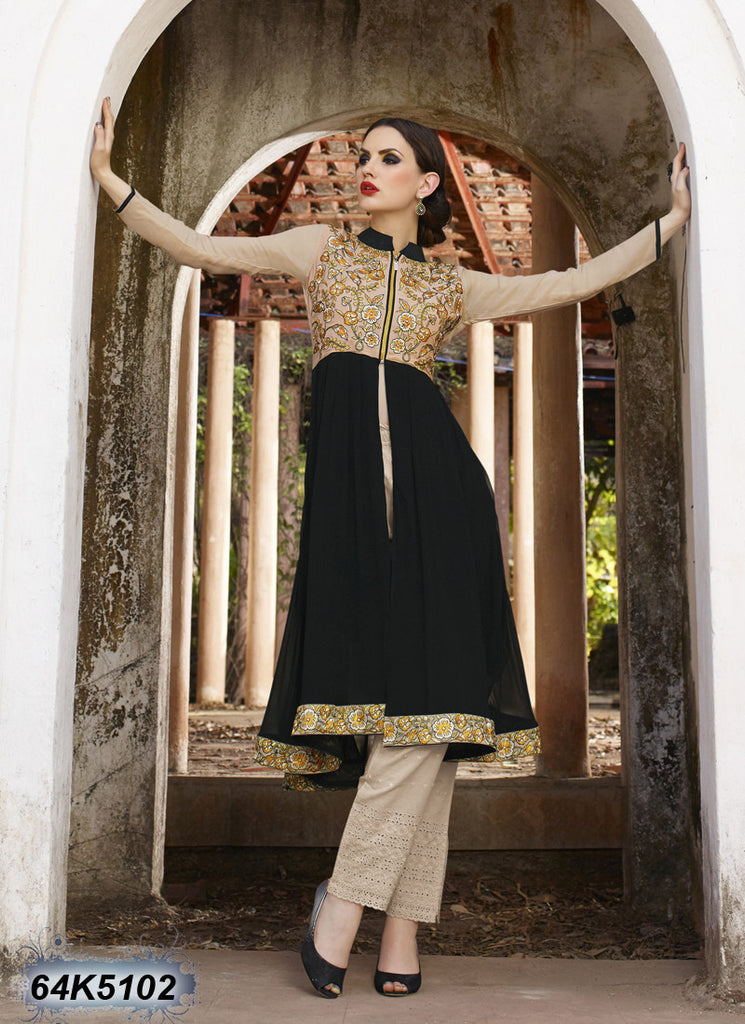 Black Cream Stitched Embroidery Patch Work Kurtis - Dailybuyys