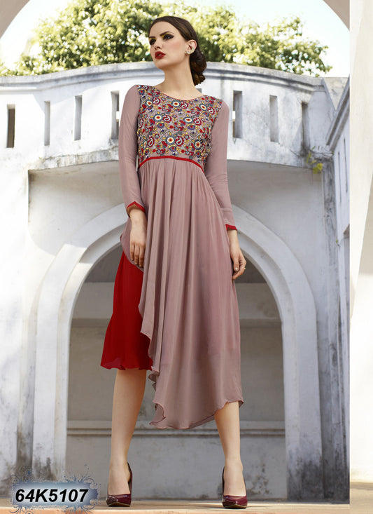 Brown Red Stitched Embroidery Patch Work Kurtis