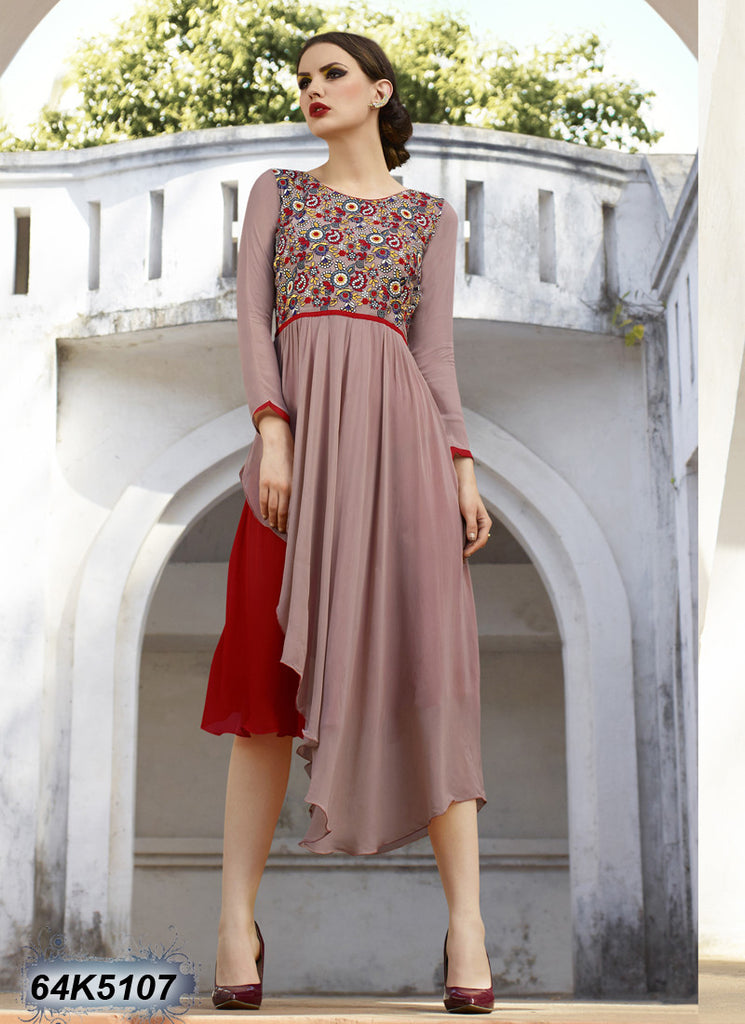 Brown Red Stitched Embroidery Patch Work Kurtis Get Extra 10% Discount on All Prepaid Transaction