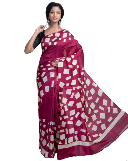 Maroon Block Printed Pure Silk Mark Certified Bishnupuri Silk Sarees