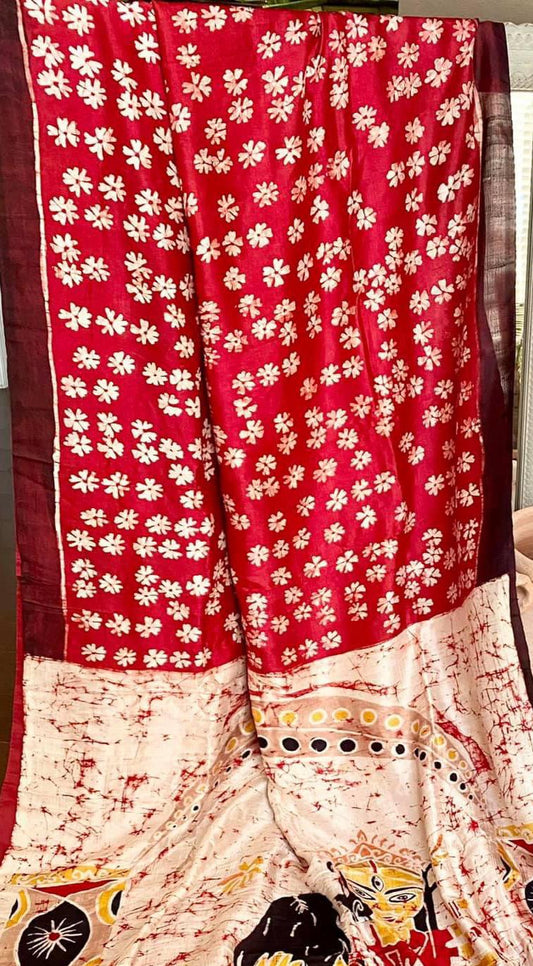 Siuli ful Red Handpainted Silk Mark Certified Bishnupuri Silk Sarees