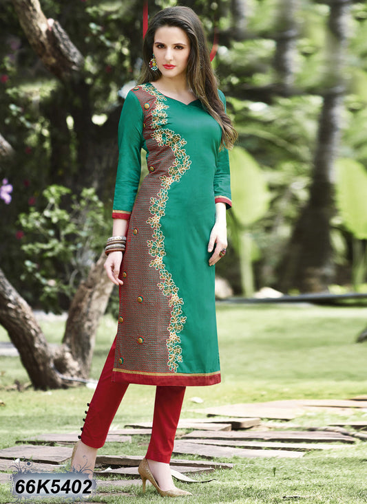 Green Stitched Zarri Embroidery Buttoned Pure Cotton Kurtis - Dailybuyys