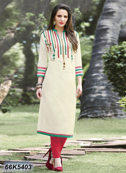 Off White Stitched Zarri Embroidery Pure Cotton Kurtis