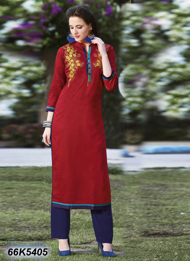 Red Stitched Zarri Embroidery Patch Work Pure Cotton Kurtis Get Extra 10% Discount on All Prepaid Transaction