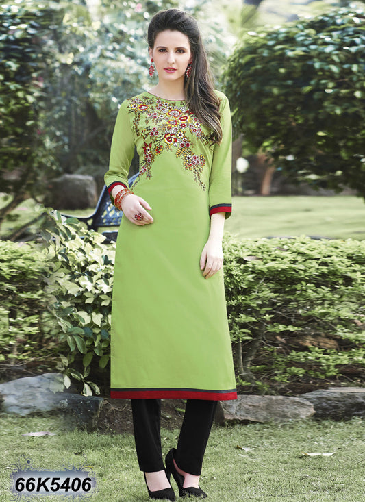 Green Stitched Embroidery Patch Work Pure Cotton Kurtis - Dailybuyys