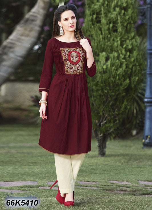 Maroon Stitched Zarri Embroidery Patch Work Pure Cotton Kurtis - Dailybuyys