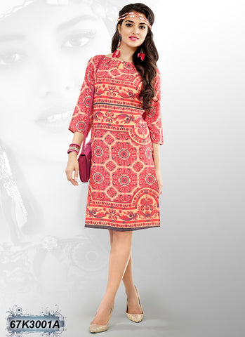 Red Cream Digital Printed Stitched Rayon Kurtis