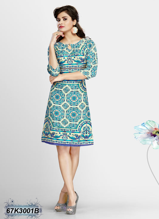 Blue Cream Digital Printed Stitched Rayon Kurtis