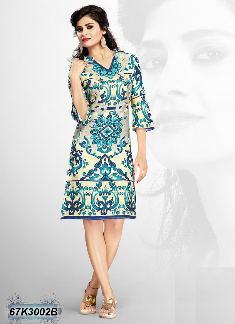 Blue Cream Digital Printed Stitched Rayon Kurtis