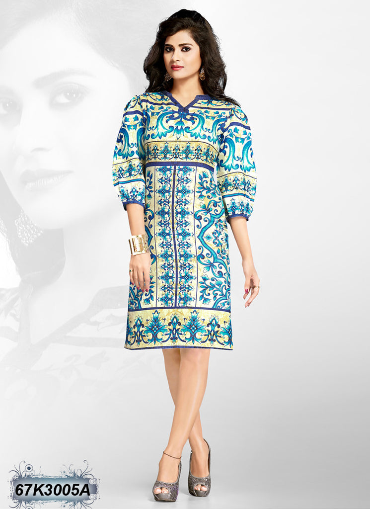 Blue Cream Digital Printed Stitched Rayon Kurtis Get Extra 10% Discount on All Prepaid Transaction