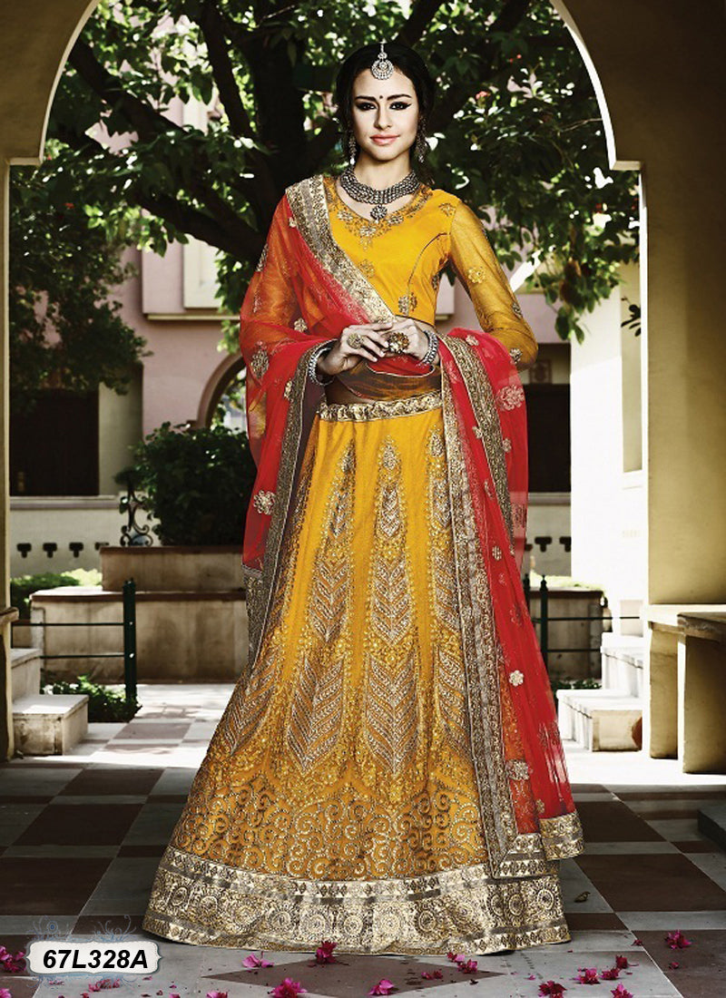 Yellow Red Designer Lehenga Choli