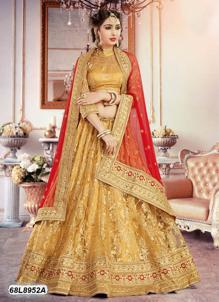 Golden and Red Embroidered Wedding Semi-Stitched Lehenga Choli at Rs 2700  in Surat
