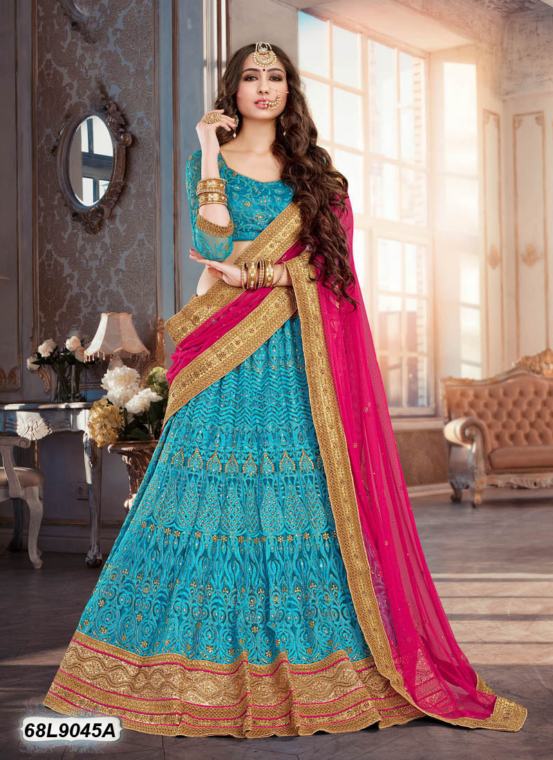 Pink and blue lehenga on sale online