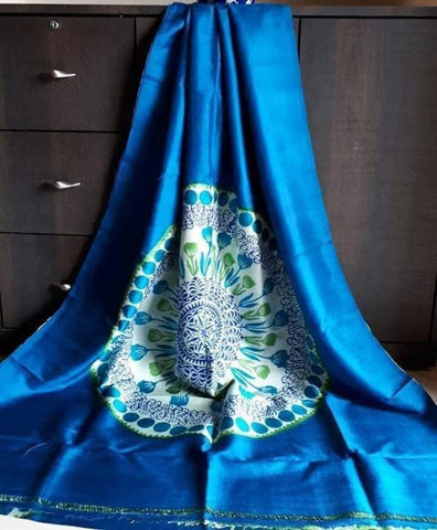 Blue Hand Painted Pure Silk Mark Certified Bishnupuri Silk Sarees