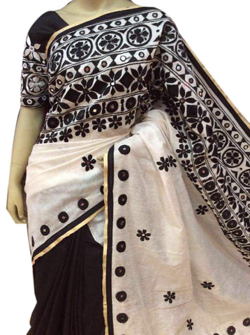 Black & White Design Bangladeshi Pure Cotton Kathiawari Sarees