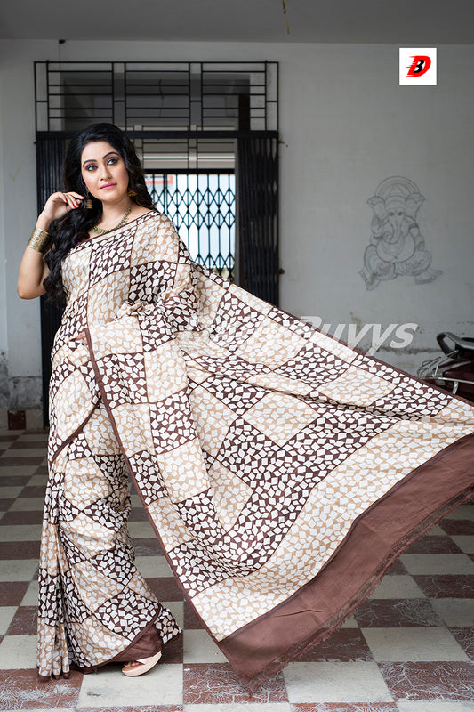 Beige Block Printed Pure Silk Mark Certified Bishnupuri Silk Sarees