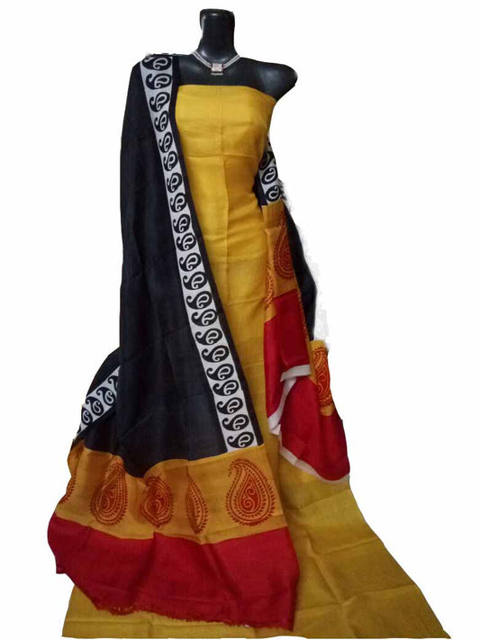 Handpicked Yellow & Black Block Printed Design Pure Silk Top & Dupatta