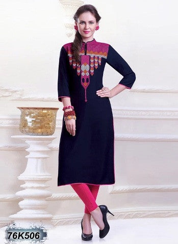 New Navy Blue Design Rayon Embroidery Stitched Kurtis - Dailybuyys