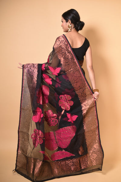 Black & Pink Butterfly Handloom Jamdani Saree