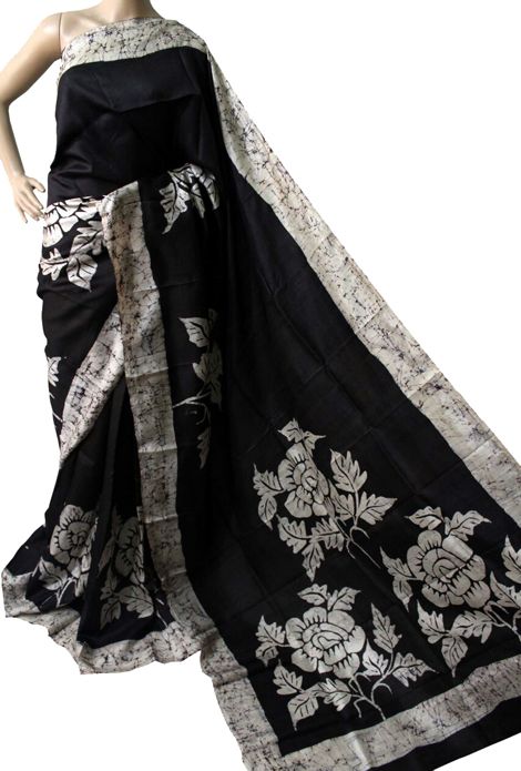 Black Exclusive Wax Hand Batik Print Pure Silk Mark Certified Bishnupuri Silk Sarees