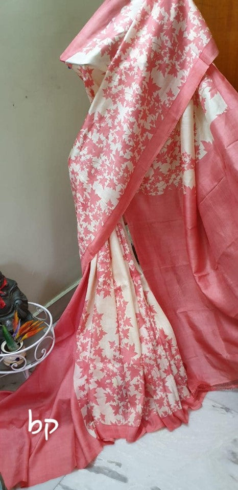 Pink Floral Block Printed Pure Silk Mark Certified Bishnupuri Silk Sarees - Dailybuyys