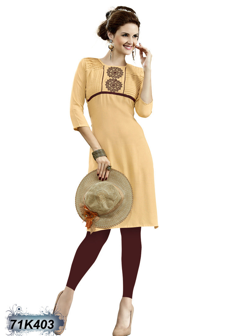 New Beige Rayon Stitched Embroidery Kurtis