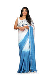 White And Blue Ombrey Color Floral Linen Embroidery Design Sarees