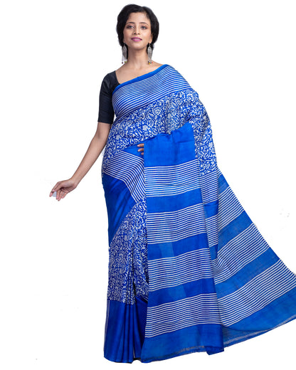 Blue Block Printed Pure Silk Mark Certified Bishnupuri Silk Sarees