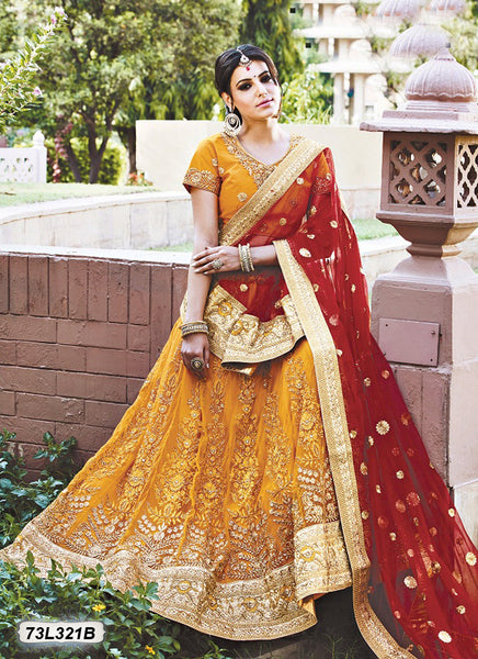 Buy Yellow & Dark Red Sequins Embroidered Silk Bridal Lehenga Online |  Samyakk