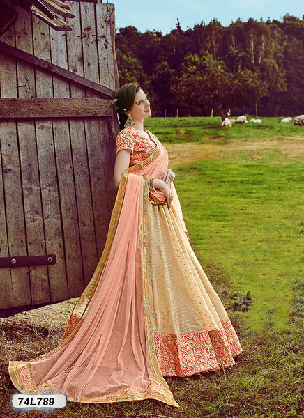 Photo of peach lehenga with delicate gold work